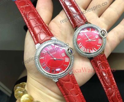 Copy Cartier Ballon Bleu de Red Face Red Leather Strap Diamond Bezel Watch